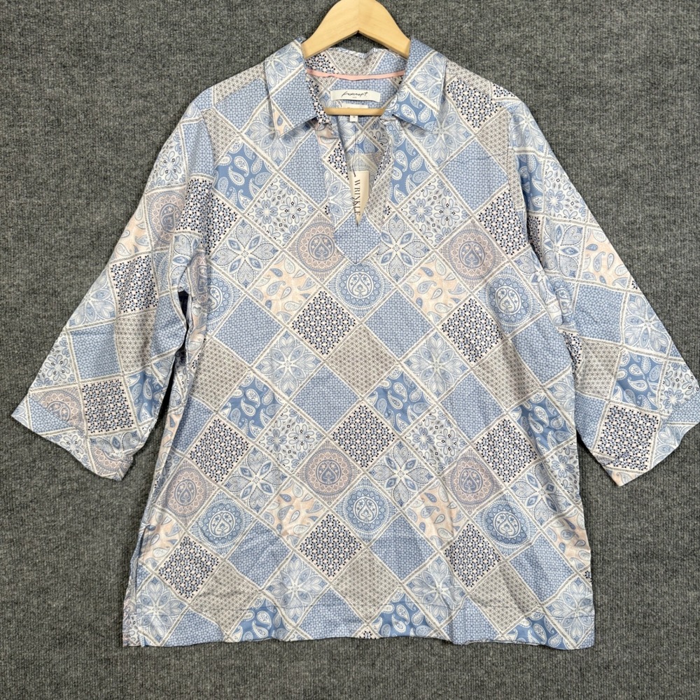 New Foxcroft NYC Plus Size 18 Tunic Shirt Blue Freesia Angel 34 Patchwork Cotton